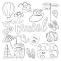 Set of items for travel and tourism. Vector illustration of contour lines